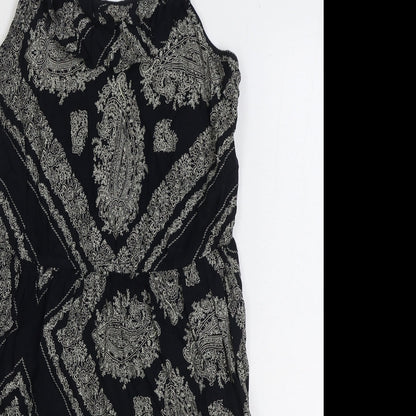 TU Womens Black Geometric Polyester Slip Dress Size 10 Scoop Neck Pullover - Shirred Back