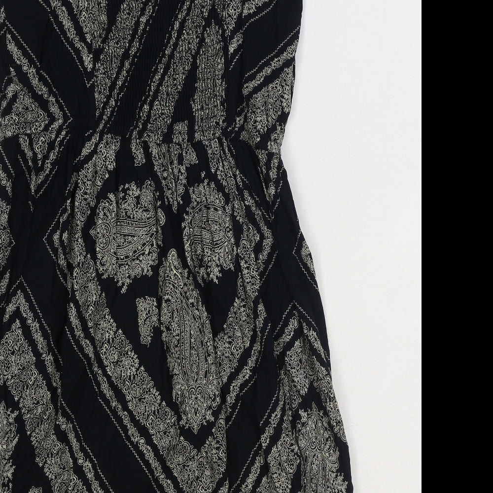 TU Womens Black Geometric Polyester Slip Dress Size 10 Scoop Neck Pullover - Shirred Back