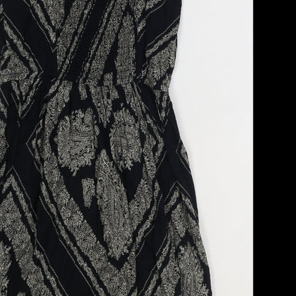 TU Womens Black Geometric Polyester Slip Dress Size 10 Scoop Neck Pullover - Shirred Back