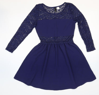 Divided Womens Blue Geometric Polyester Fit & Flare Size 10 Round Neck Pullover