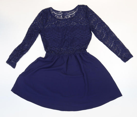 Divided Womens Blue Geometric Polyester Fit & Flare Size 10 Round Neck Pullover