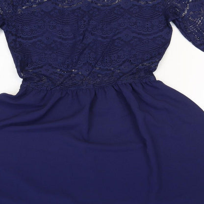 Divided Womens Blue Geometric Polyester Fit & Flare Size 10 Round Neck Pullover