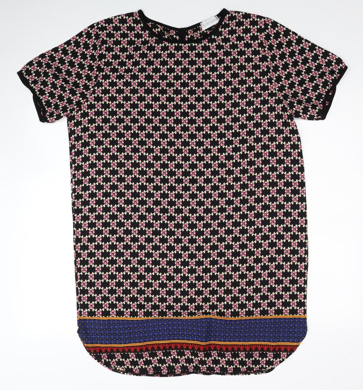 Ayanapa Womens Black Geometric Polyester Shift Size 14 Roll Neck Button