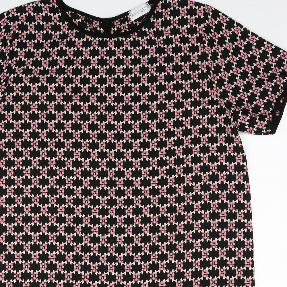 Ayanapa Womens Black Geometric Polyester Shift Size 14 Roll Neck Button