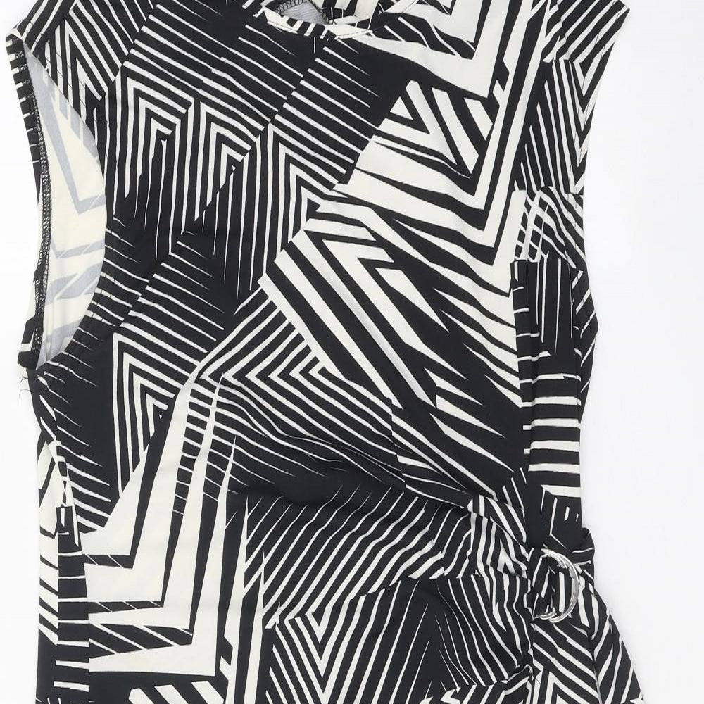 Preworn Womens Black Geometric Polyester Shift One Size Boat Neck Buckle - Tie Detail