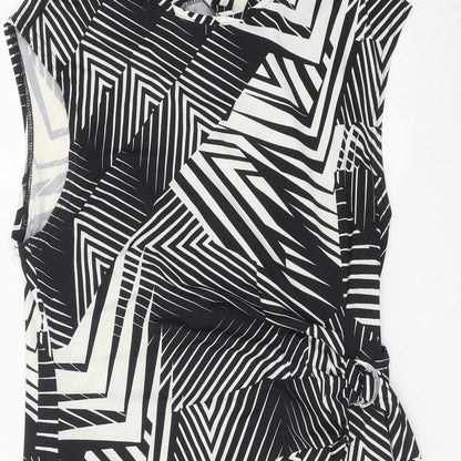 Preworn Womens Black Geometric Polyester Shift One Size Boat Neck Buckle - Tie Detail