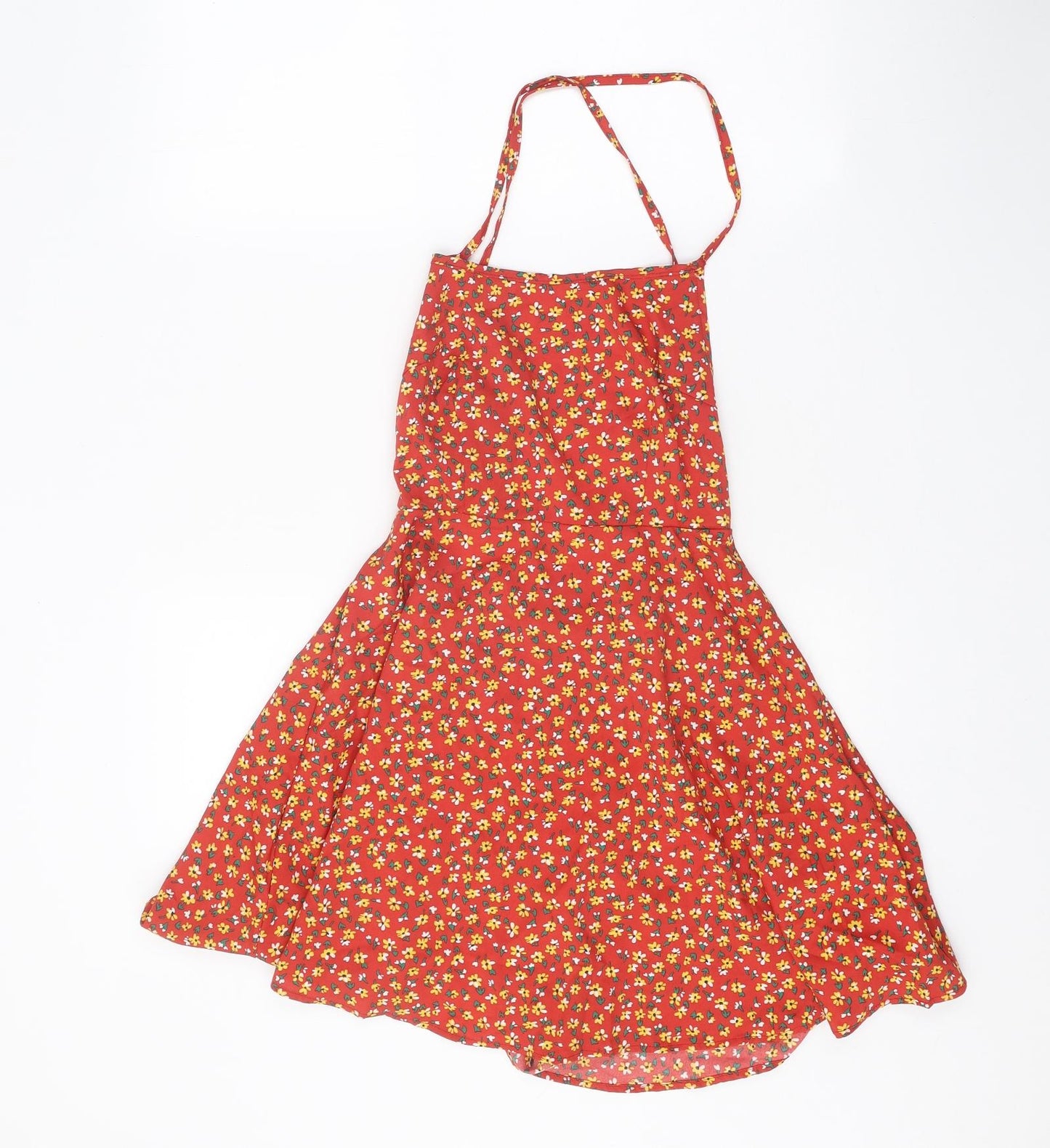 SheIn Womens Red Floral Polyester A-Line Size XS Square Neck Tie