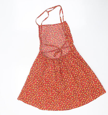 SheIn Womens Red Floral Polyester A-Line Size XS Square Neck Tie