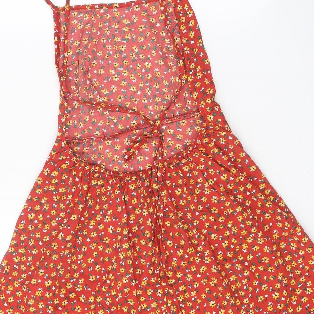 SheIn Womens Red Floral Polyester A-Line Size XS Square Neck Tie