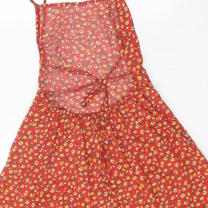 SheIn Womens Red Floral Polyester A-Line Size XS Square Neck Tie