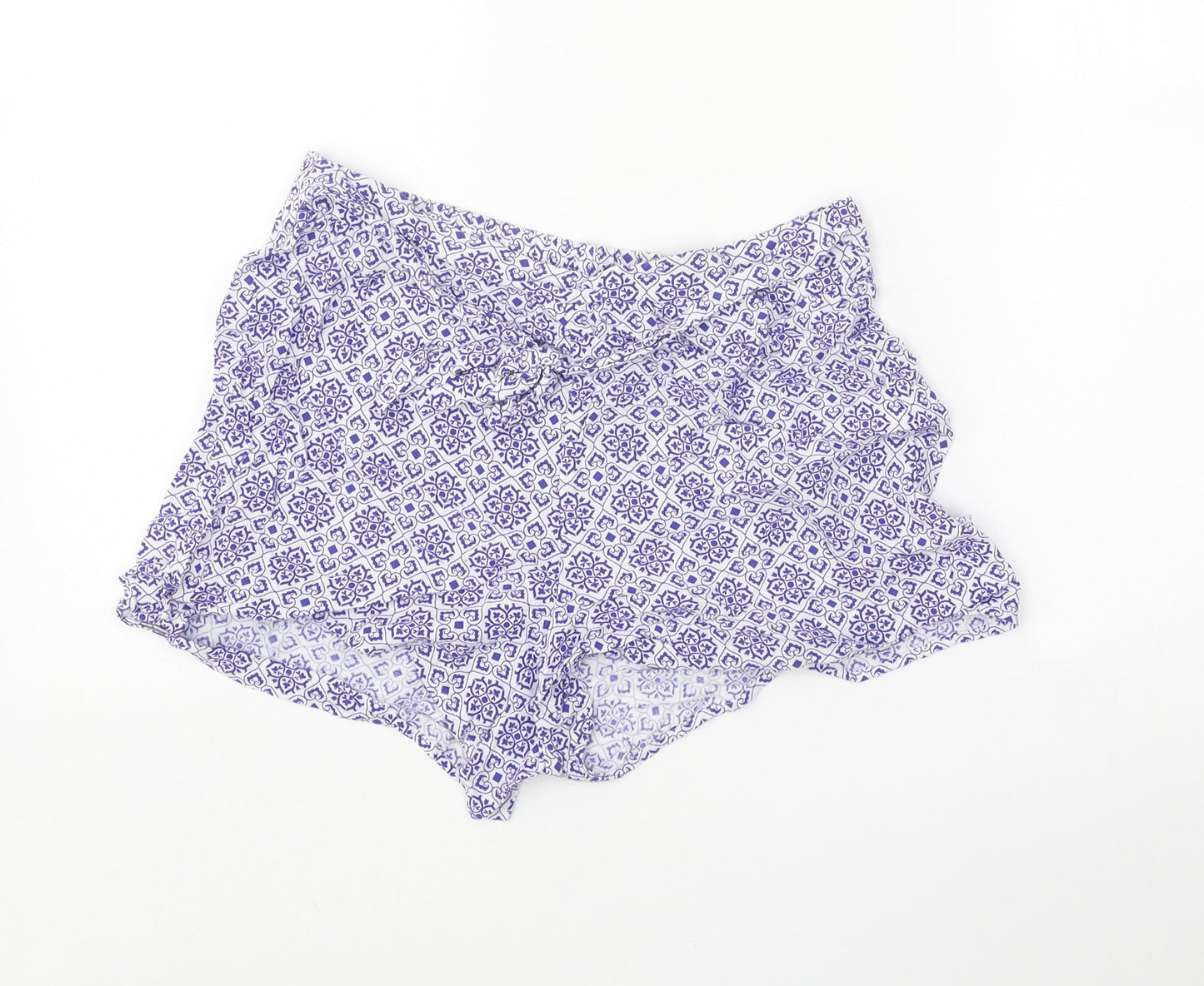 Primark Womens Blue Geometric Viscose Basic Shorts Size 10 Regular Tie