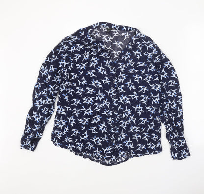 M&Co Womens Blue Geometric Viscose Basic Button-Up Size 14 Collared - Bird