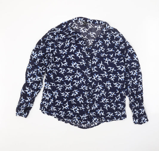 M&Co Womens Blue Geometric Viscose Basic Button-Up Size 14 Collared - Bird