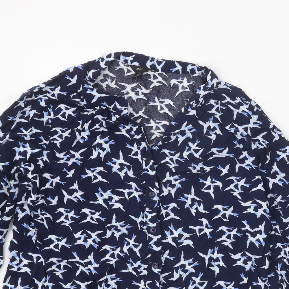 M&Co Womens Blue Geometric Viscose Basic Button-Up Size 14 Collared - Bird