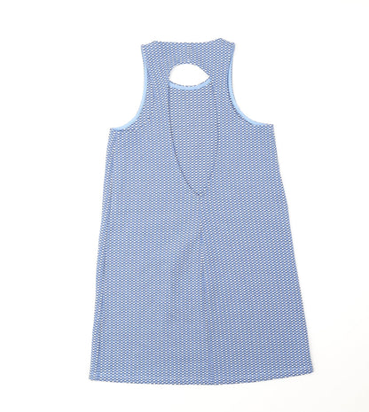Zara Womens Blue Geometric Polyester A-Line Size 10 Scoop Neck Pullover - Cut Out Back Detail
