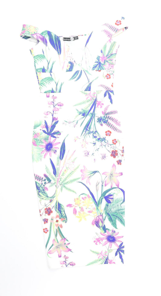 Boohoo Womens Multicoloured Floral Polyester Bodycon Size 8 Off the Shoulder Pullover