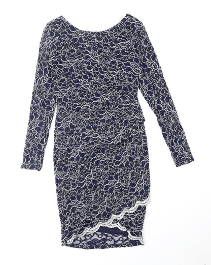 Lipsy Womens Blue Floral Nylon Bodycon Size 10 Boat Neck Pullover