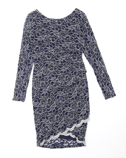 Lipsy Womens Blue Floral Nylon Bodycon Size 10 Boat Neck Pullover