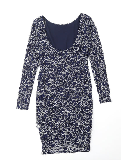 Lipsy Womens Blue Floral Nylon Bodycon Size 10 Boat Neck Pullover