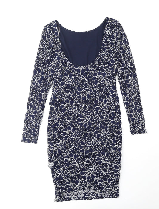 Lipsy Womens Blue Floral Nylon Bodycon Size 10 Boat Neck Pullover