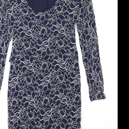 Lipsy Womens Blue Floral Nylon Bodycon Size 10 Boat Neck Pullover