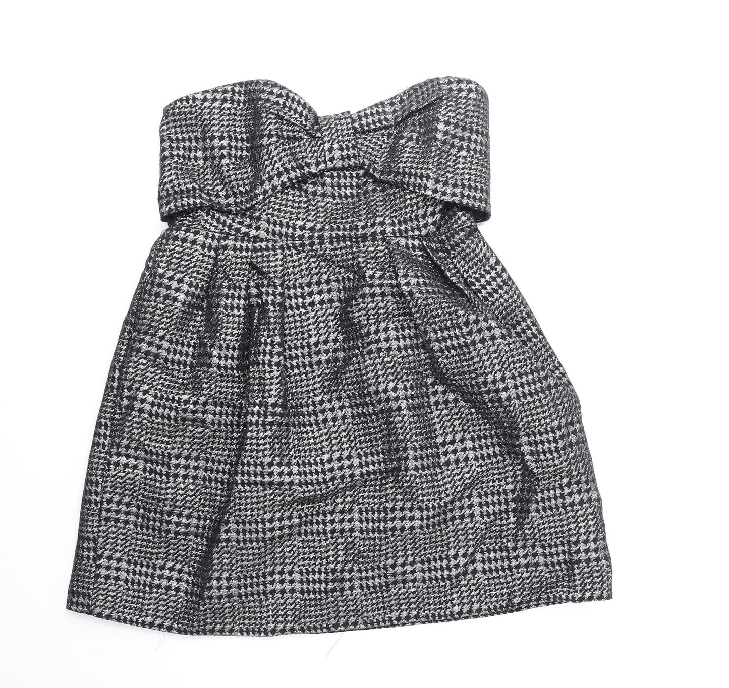 Preworn Womens Black Plaid Cotton Mini Size 10 Off the Shoulder Zip