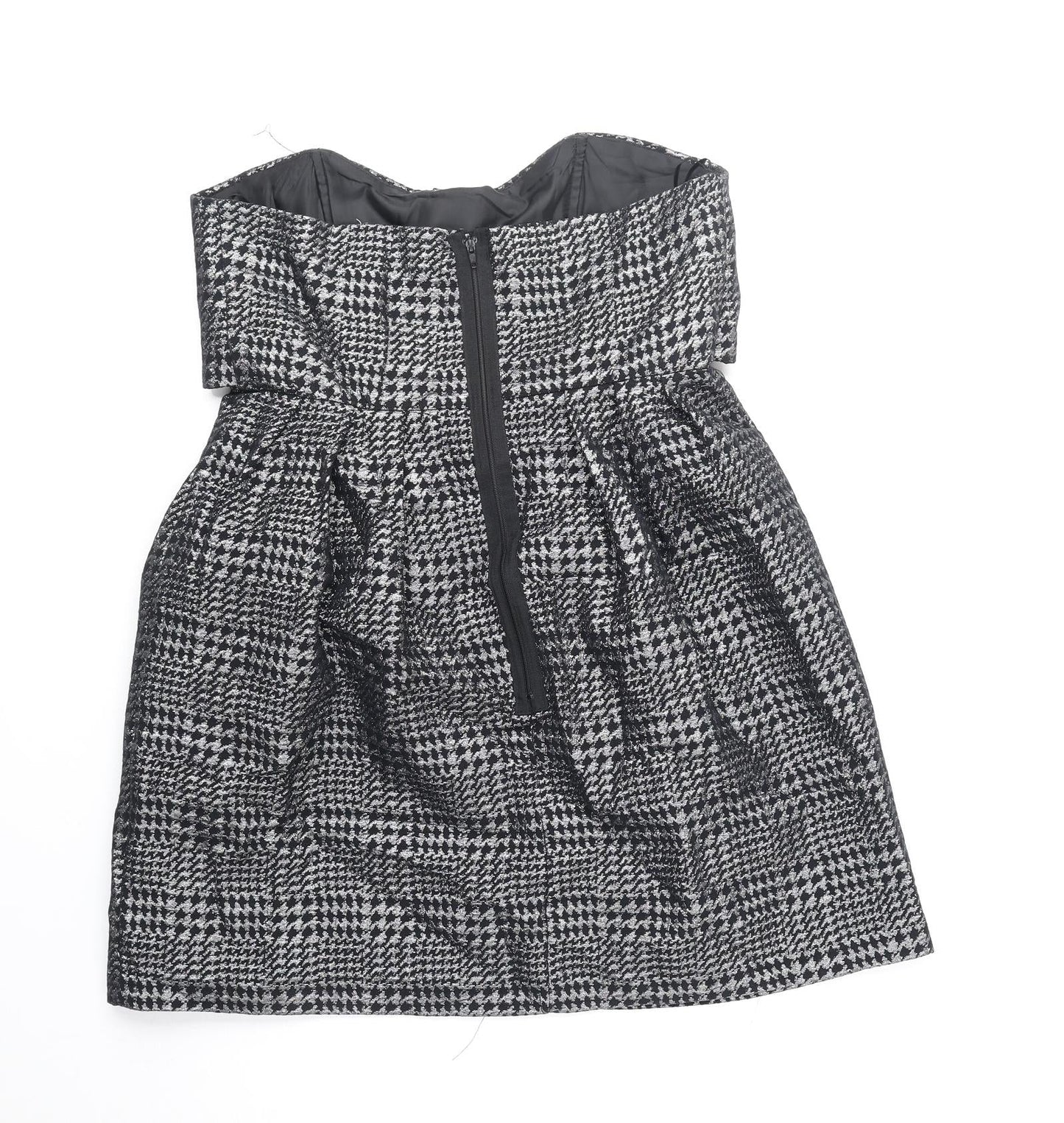 Preworn Womens Black Plaid Cotton Mini Size 10 Off the Shoulder Zip