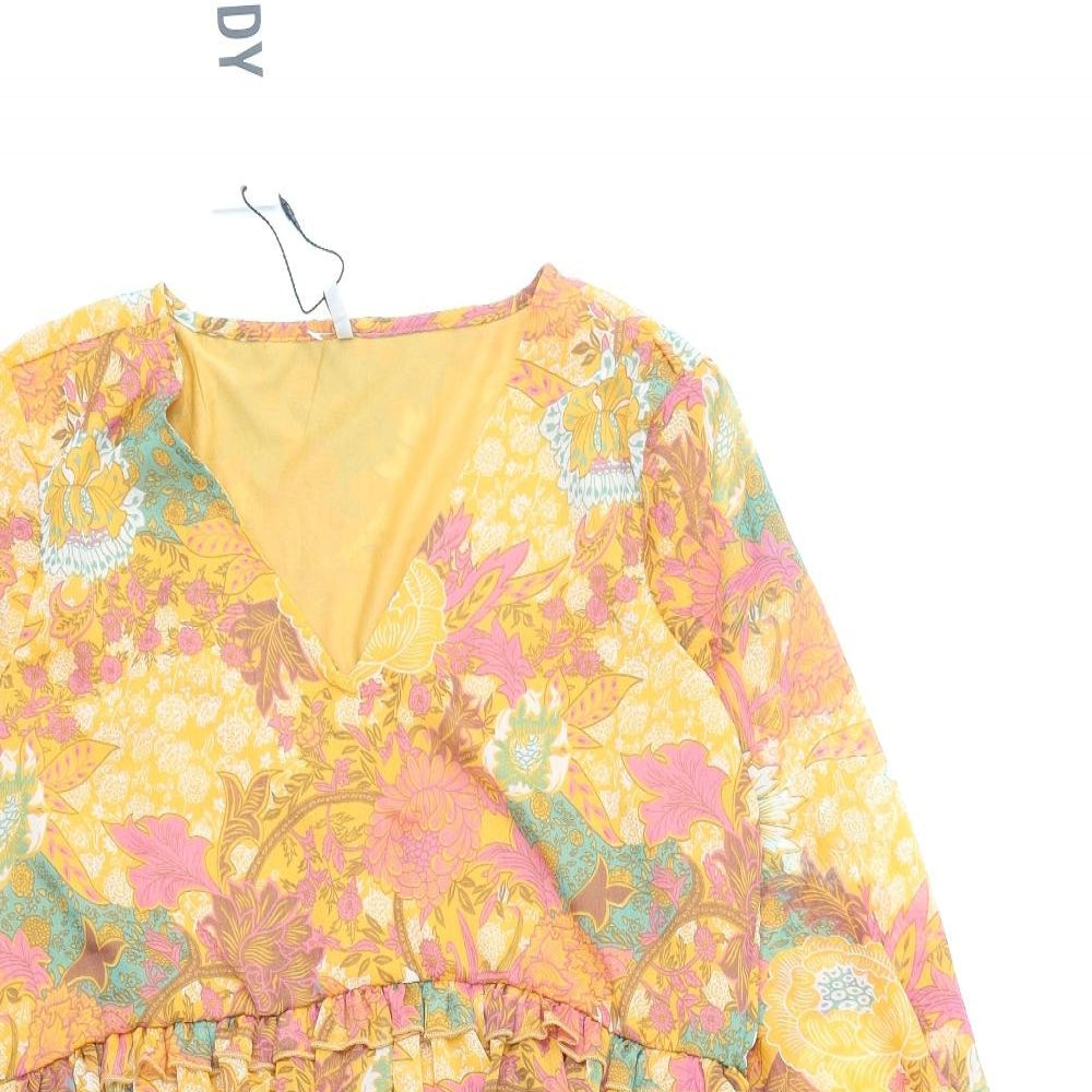 JDY Womens Orange Floral Polyester Skater Dress Size XS V-Neck Pullover