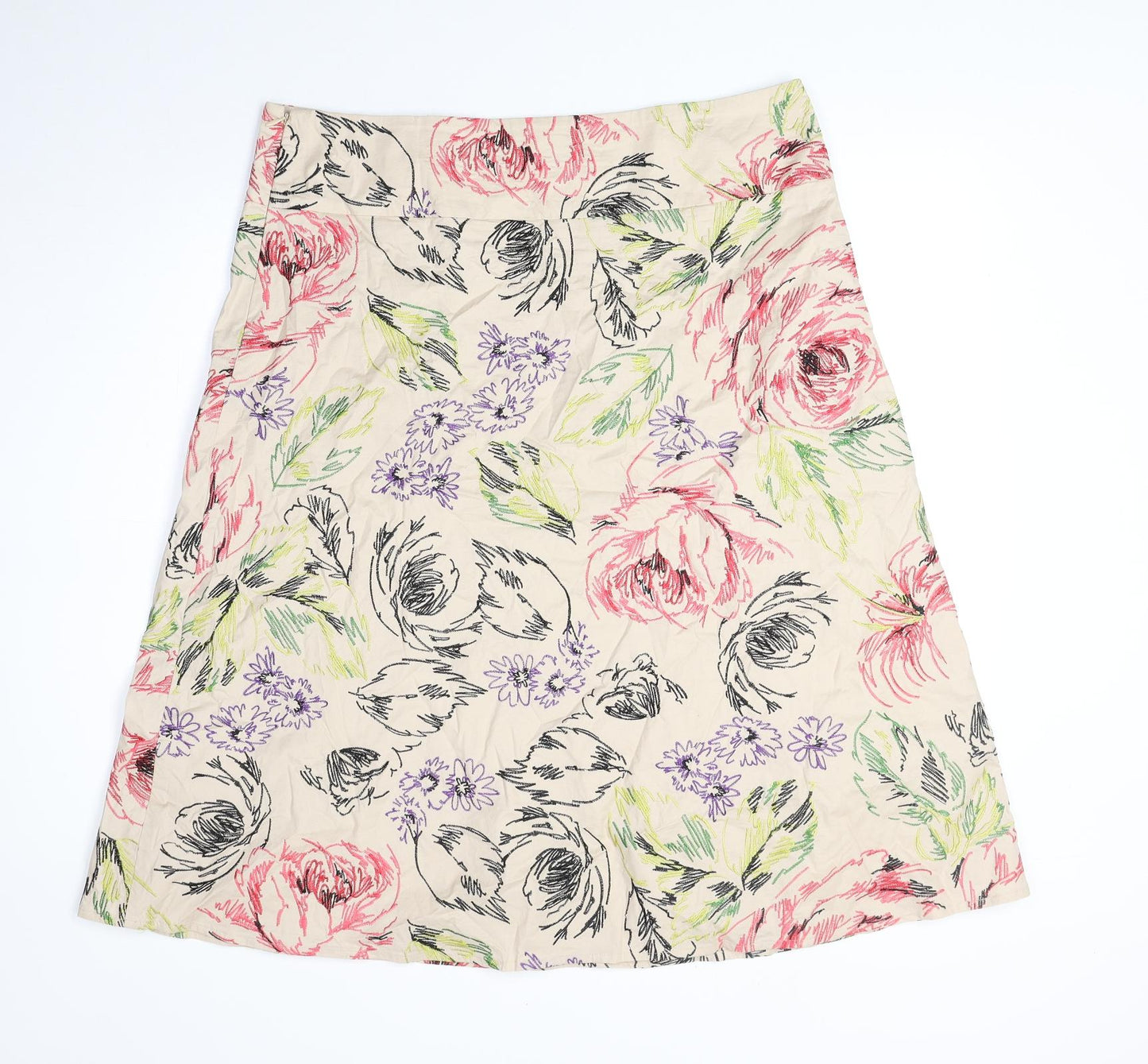 Linea Womens Beige Floral Cotton Swing Skirt Size 16 Zip