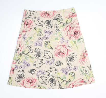 Linea Womens Beige Floral Cotton Swing Skirt Size 16 Zip