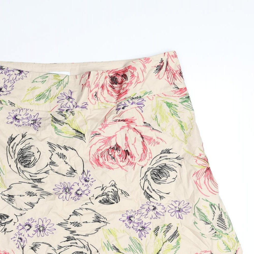 Linea Womens Beige Floral Cotton Swing Skirt Size 16 Zip