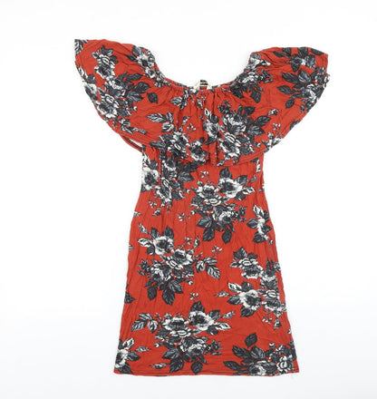 Miss Selfridge Womens Red Floral Cotton Mini Size 8 Off the Shoulder Pullover