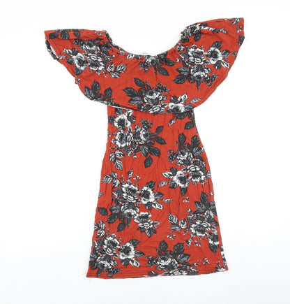 Miss Selfridge Womens Red Floral Cotton Mini Size 8 Off the Shoulder Pullover