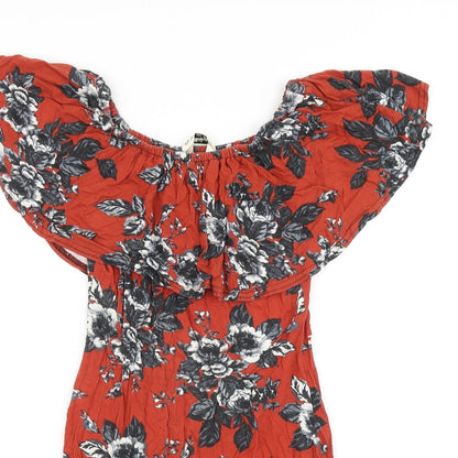 Miss Selfridge Womens Red Floral Cotton Mini Size 8 Off the Shoulder Pullover