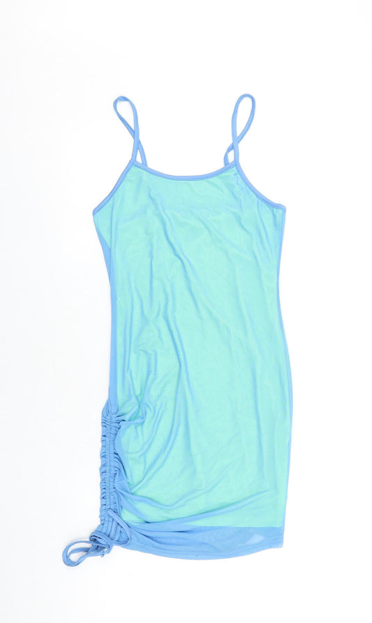 SheIn Womens Blue Herringbone Polyester Slip Dress Size M Roll Neck Tie