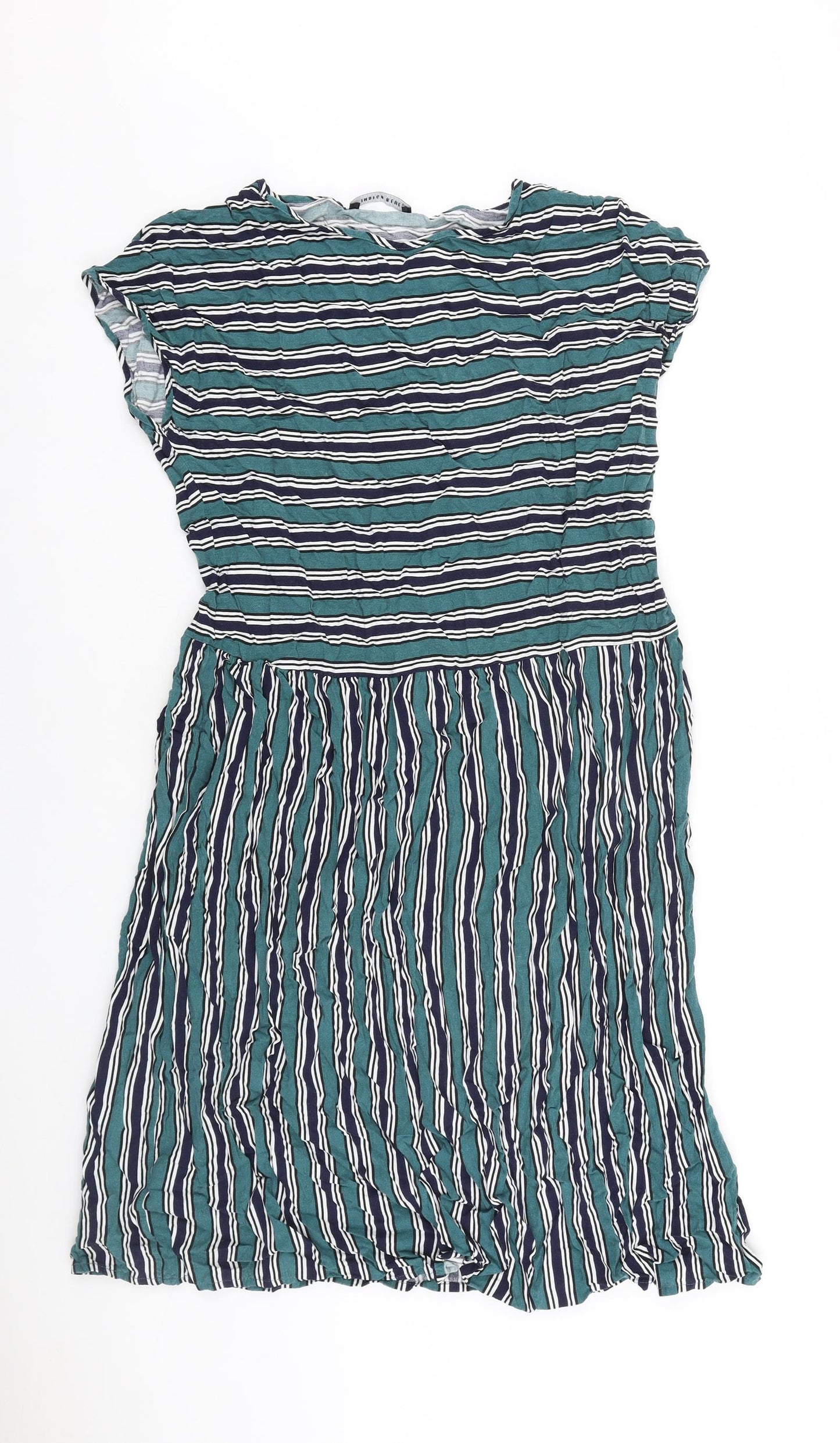 Indigo Blue Womens Green Striped 100% Cotton T-Shirt Dress Size S Boat Neck Pullover