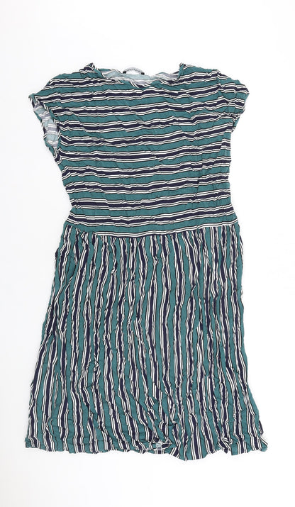 Indigo Blue Womens Green Striped 100% Cotton T-Shirt Dress Size S Boat Neck Pullover