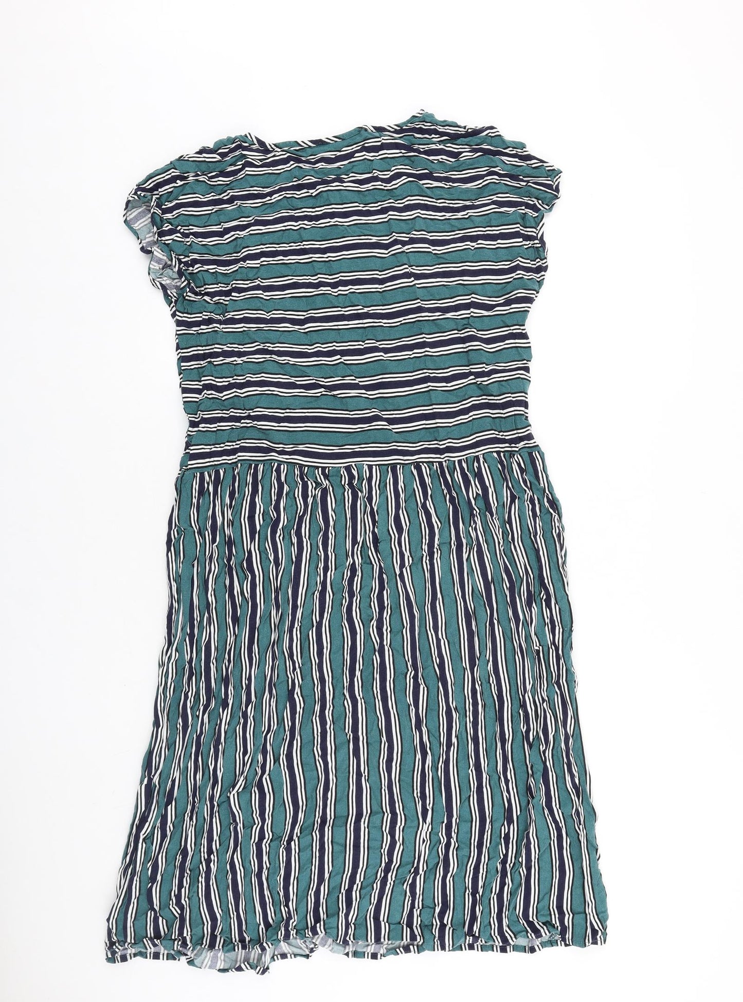 Indigo Blue Womens Green Striped 100% Cotton T-Shirt Dress Size S Boat Neck Pullover