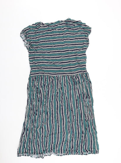 Indigo Blue Womens Green Striped 100% Cotton T-Shirt Dress Size S Boat Neck Pullover