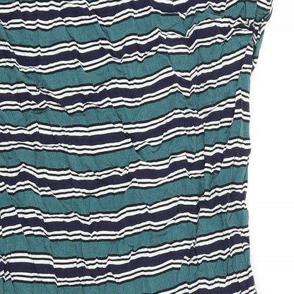 Indigo Blue Womens Green Striped 100% Cotton T-Shirt Dress Size S Boat Neck Pullover