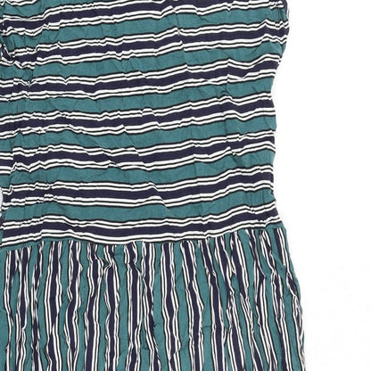 Indigo Blue Womens Green Striped 100% Cotton T-Shirt Dress Size S Boat Neck Pullover