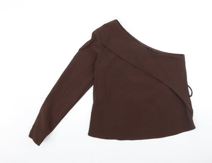 PRETTYLITTLETHING Womens Brown Polyester Basic Blouse Size 10 One Shoulder