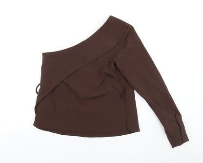 PRETTYLITTLETHING Womens Brown Polyester Basic Blouse Size 10 One Shoulder