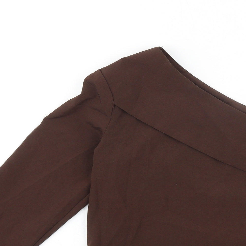 PRETTYLITTLETHING Womens Brown Polyester Basic Blouse Size 10 One Shoulder