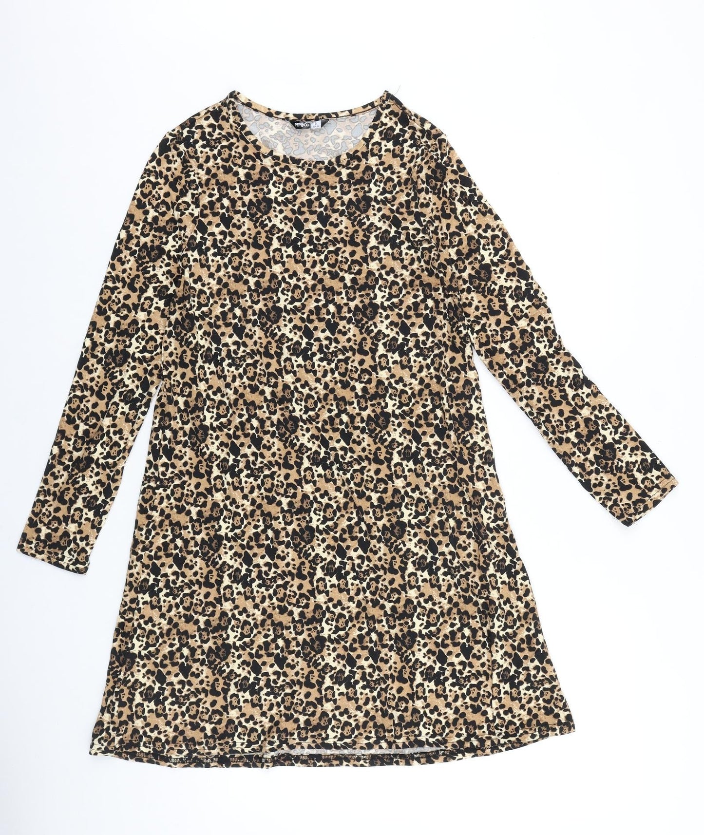 PEP&CO Womens Blue Animal Print 100% Cotton A-Line Size 8 Round Neck Pullover - Jaguar Print