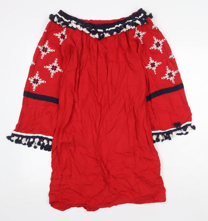 Boohoo Womens Red Geometric Viscose Kaftan Size 12 Off the Shoulder Pullover