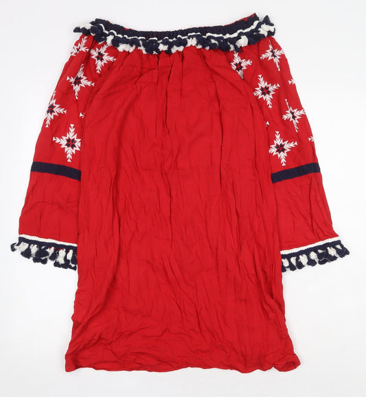 Boohoo Womens Red Geometric Viscose Kaftan Size 12 Off the Shoulder Pullover