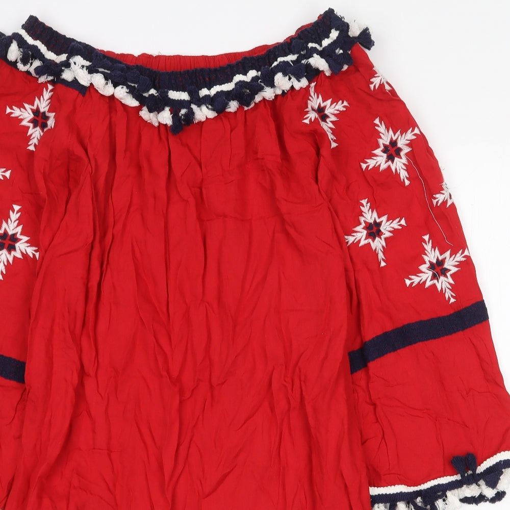 Boohoo Womens Red Geometric Viscose Kaftan Size 12 Off the Shoulder Pullover