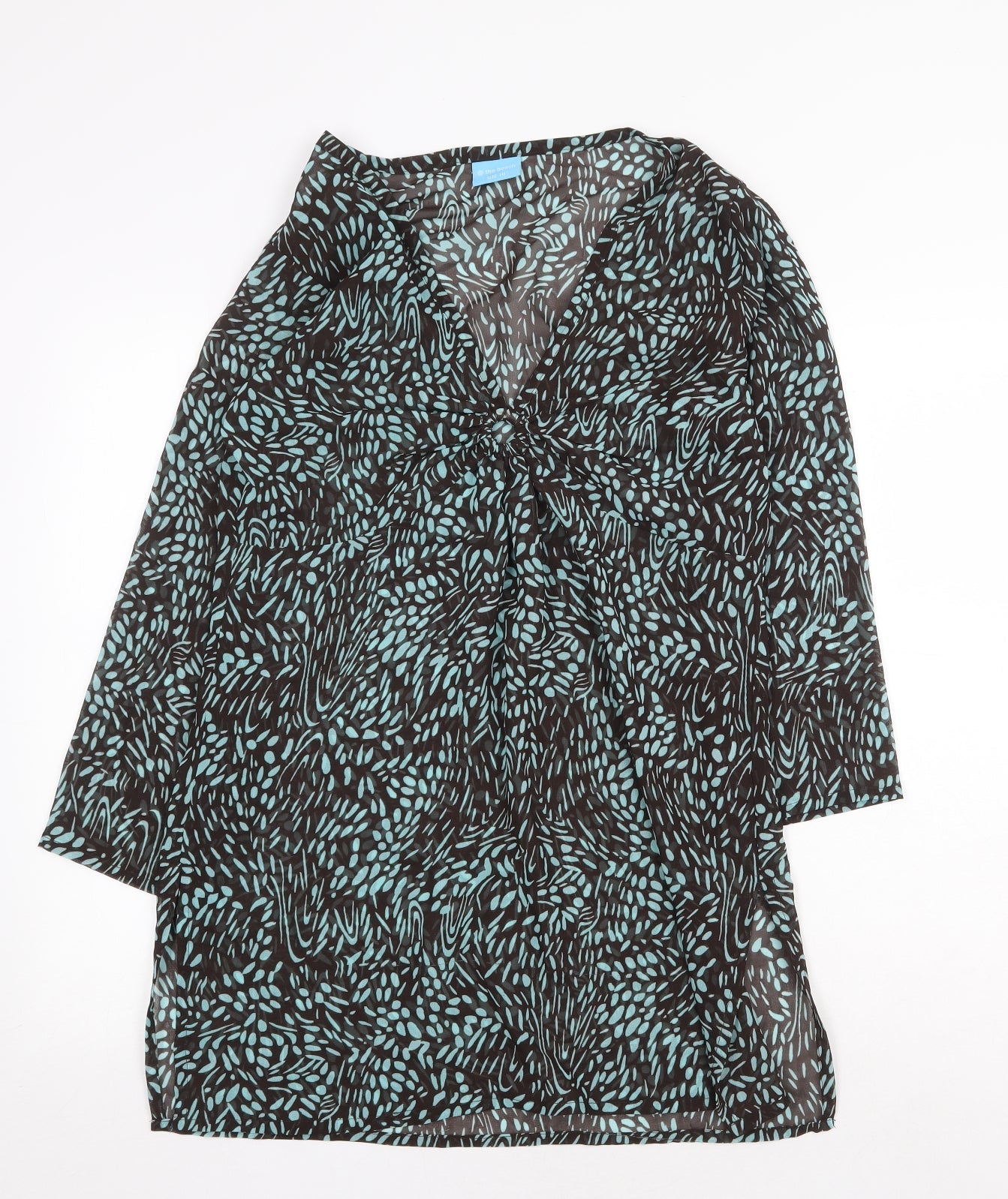 At the Beach Womens Black Geometric Polyester Tunic Blouse Size 10 V-Neck - Beach Cover Up