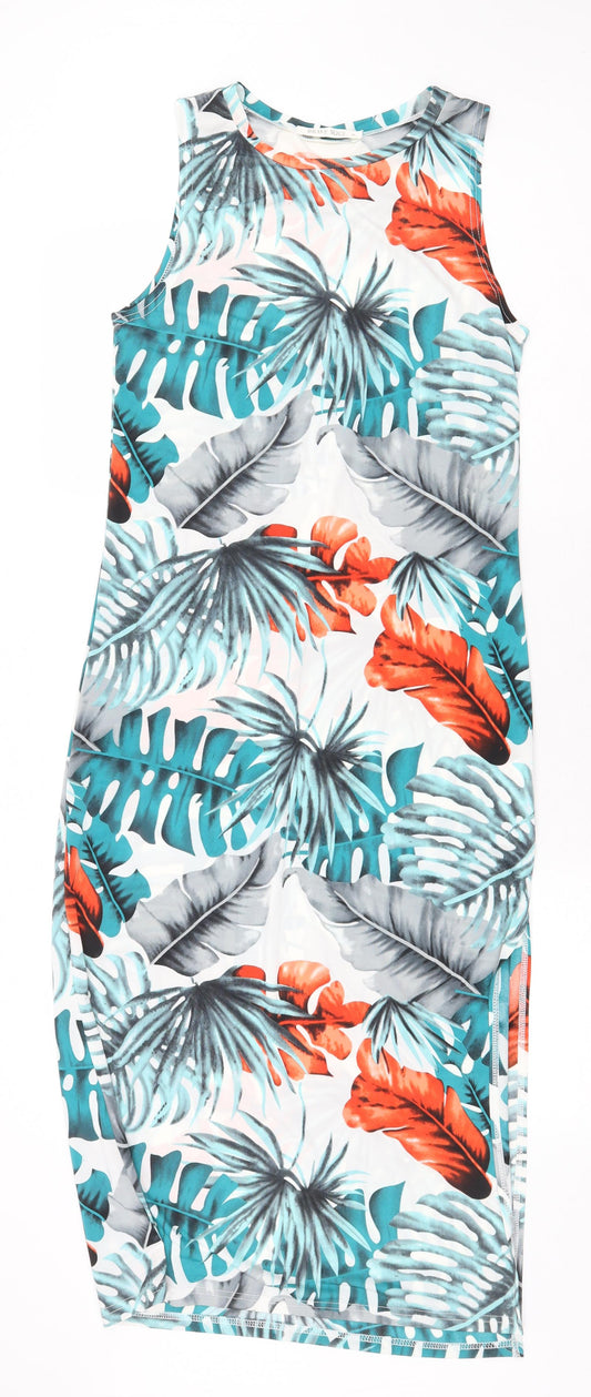 Brave Soul Womens Multicoloured Geometric Polyester Tank Dress Size M Boat Neck Pullover - Leaf Pattern